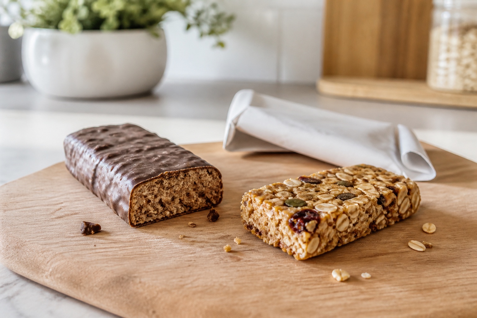A chocolate-coated protein bar and an oat-and-seed bar on a wooden cutting board.