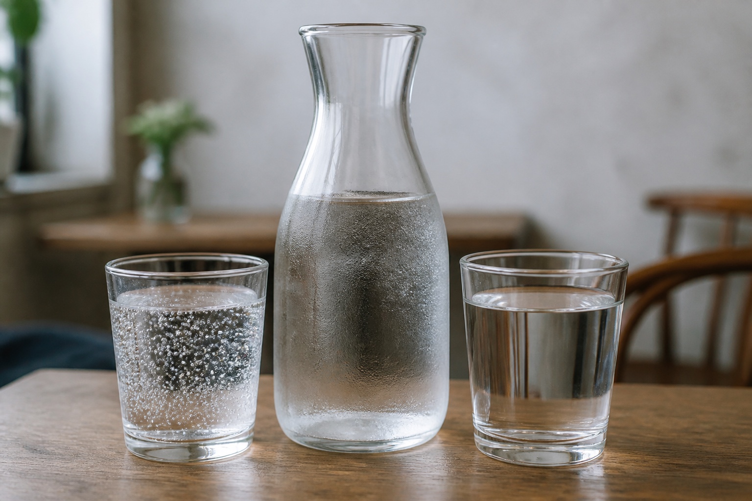 A glass of sparkling water beside a glass of still water and a plain glass carafe.